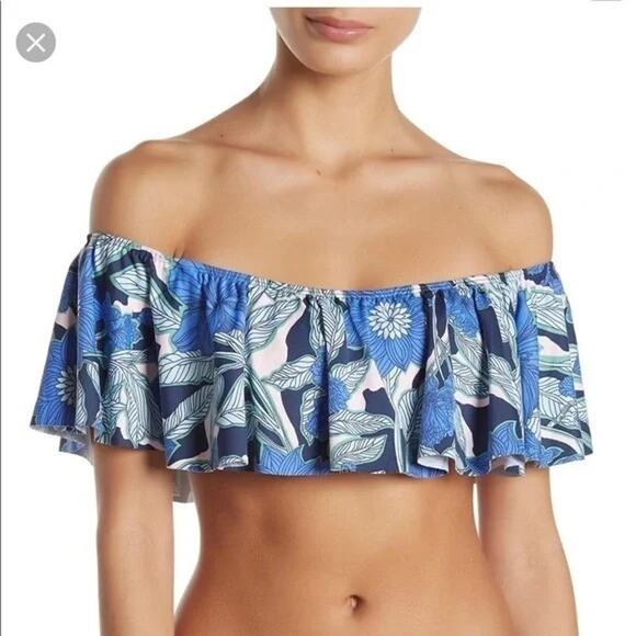 Maaji NWT Off the Shoulder Blue Pink Tropical Floral Ruffle Bandeau Bikini Top - Picture 1 of 15